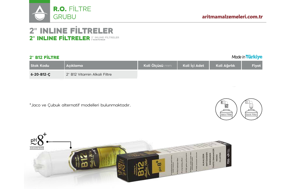 2'' inline B12 Vitamin Alkali Filtre Quick (Çubuklu) veya Jaco (Dişli) Tip