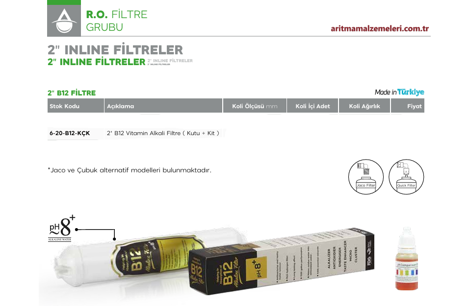 2'' inline B12 Vitamin Alkali Filtre Kutulu + Kitli olarak