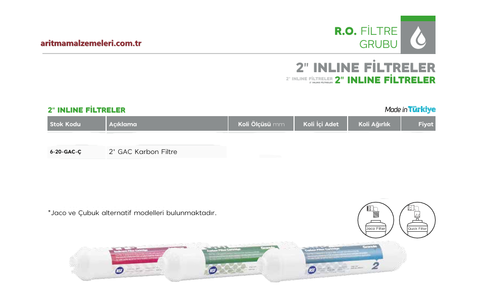 2'' inline GAC Karbon Filtre Quick (Çubuklu) veya Jaco (Dişli) Tip