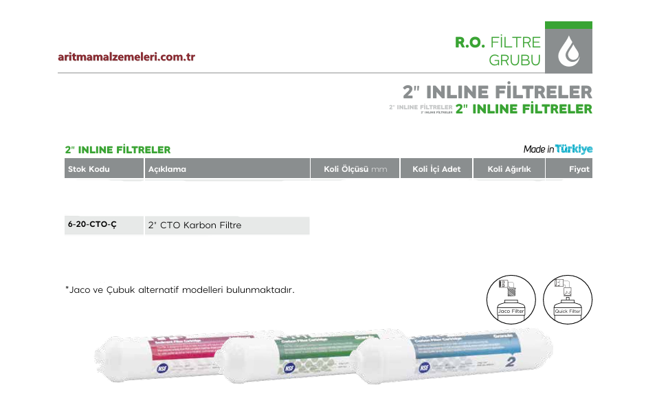 2'' inline CTO Karbon Filtre Quick (Çubuklu) veya Jaco (Dişli) Tip