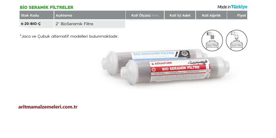 2'' BioSeramik Filtre Quick (Çubuklu) veya Jaco (Dişli) Tip