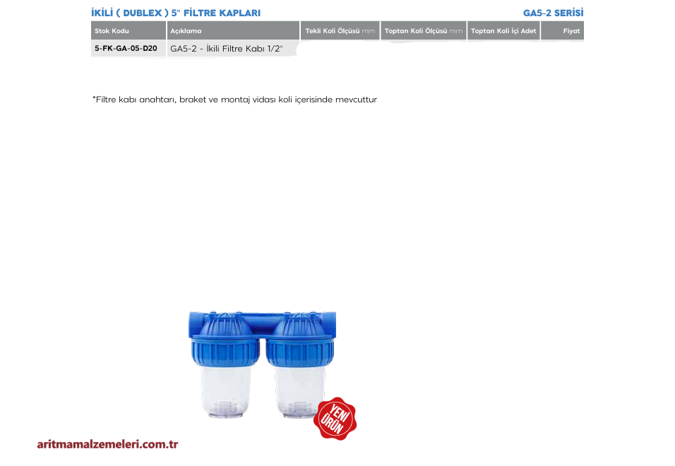 5'' Green Aqua GA Serisi İkili (Dublex) Filtre Kabı 1/2'' (20mm.)