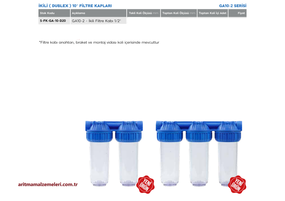 10'' Green Aqua GA Serisi İkili (Dublex) Filtre Kabı  1/2'' (20mm.)