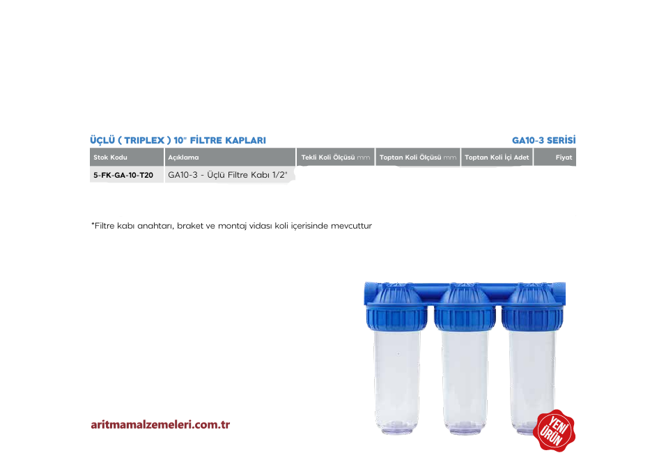 10'' Green Aqua GA Serisi Üçlü (Triplex) Filtre Kabı 1/2'' (20mm.)