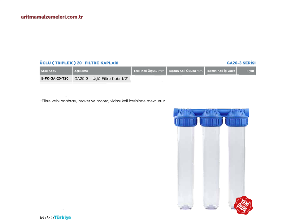 20'' Green Aqua GA Serisi Üçlü (Triplex) Filtre Kabı 1/2'' (20mm.)