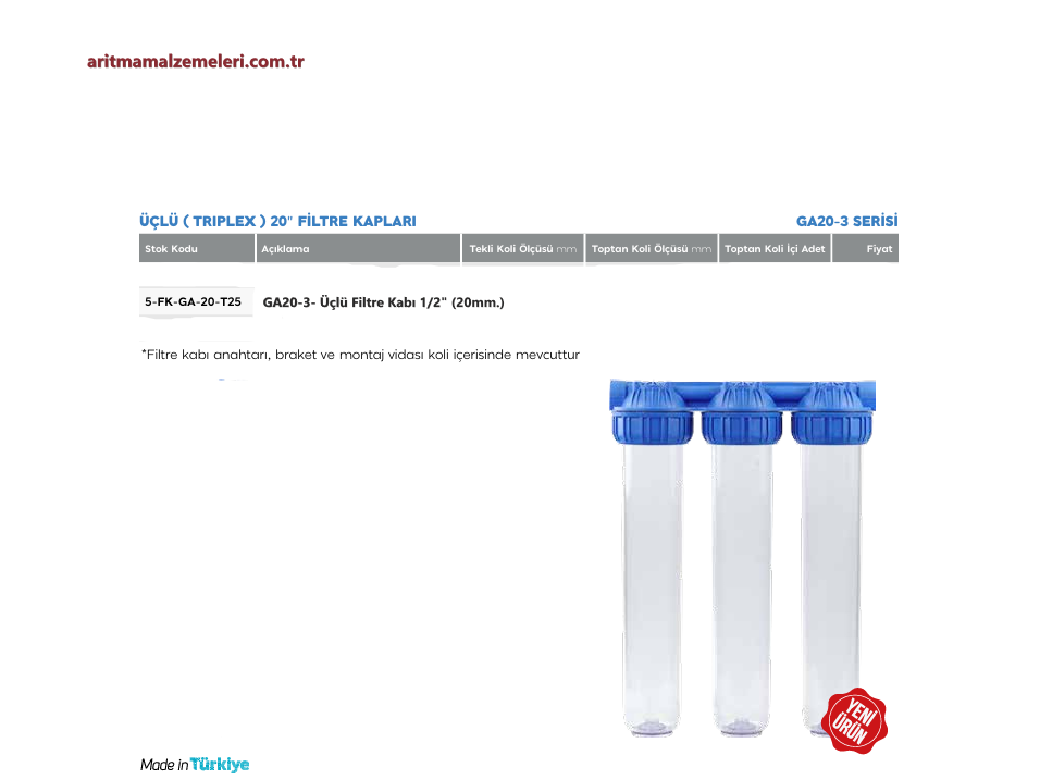 20'' Green Aqua GA Serisi Üçlü (Triplex) Filtre Kabı 3/4'' (25mm.)