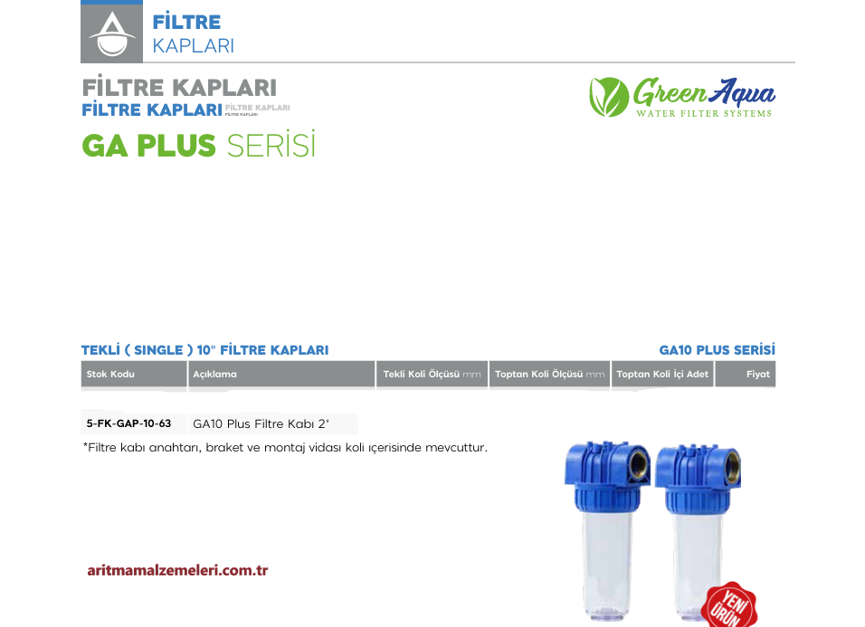 10'' Tekli Green Aqua GA Plus Serisi Filtre Kabı 2'' (63mm.)