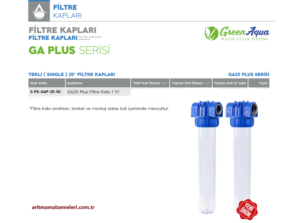 20'' Tekli Green Aqua GA Plus Serisi Filtre Kabı 1 1/2'' (40mm.)