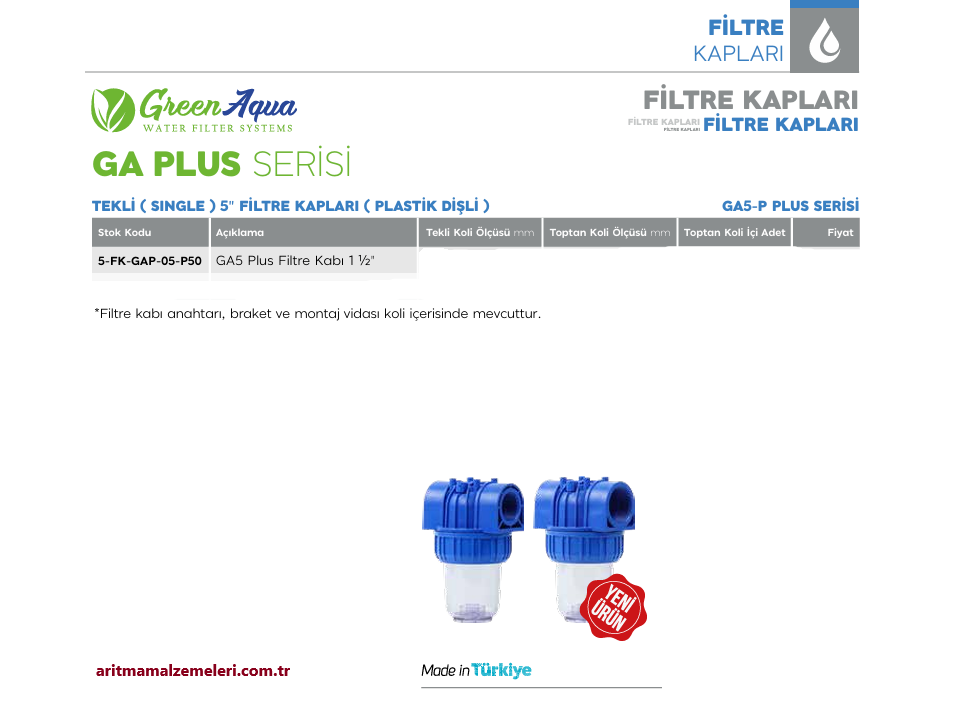 5'' Tekli Plastik Dişli Green Aqua GA Plus Serisi Filtre Kabı 1 1/2'' (40mm.)