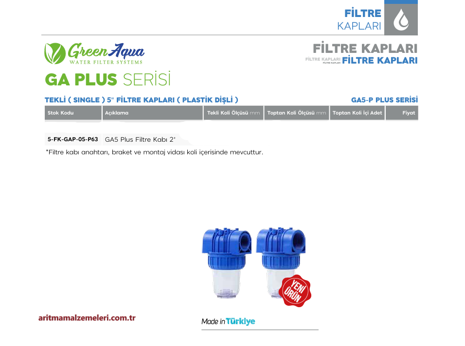 5'' Tekli Plastik Dişli Green Aqua GA Plus Serisi Filtre Kabı 2'' (63mm.)