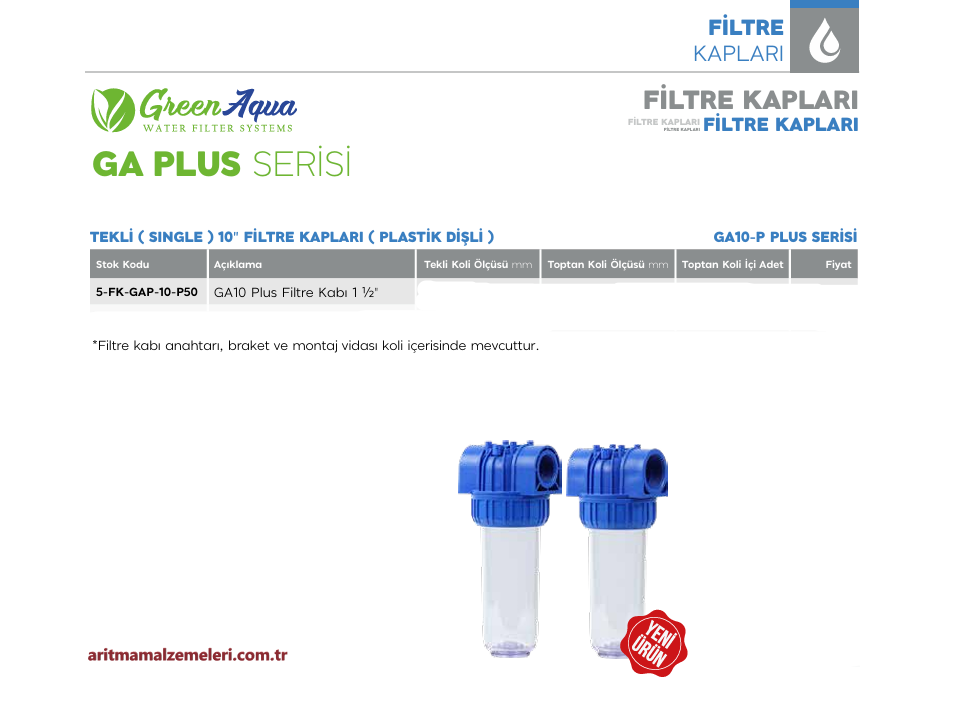 10'' Tekli Plastik Dişli Green Aqua GA Plus Serisi Filtre Kabı 1 1/2'' (40mm.)