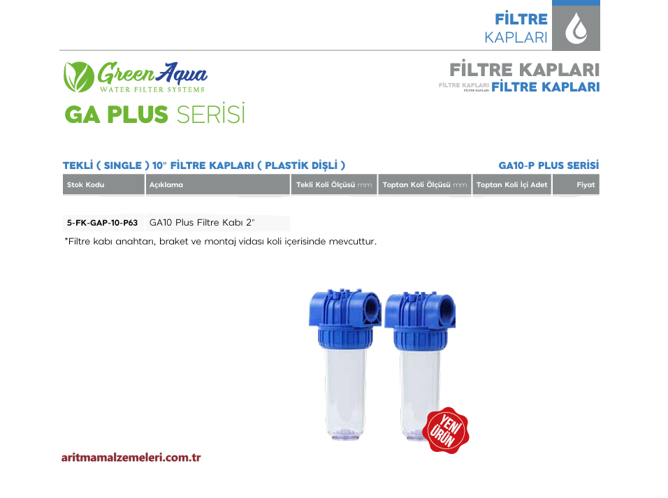 10'' Tekli Plastik Dişli Green Aqua GA Plus Serisi Filtre Kabı 2'' (63mm.)