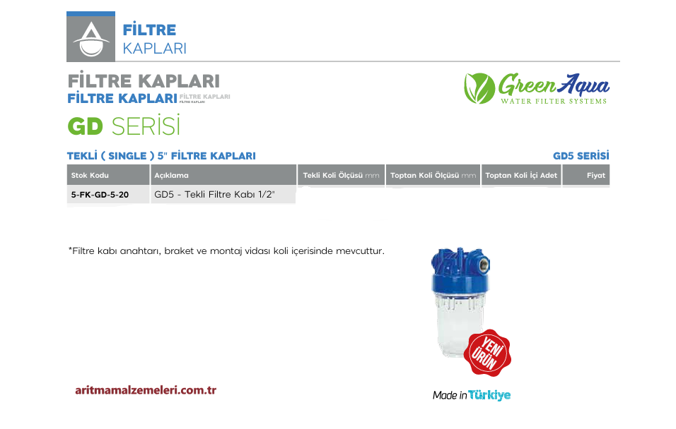 5'' Tekli Green Aqua GD Serisi Filtre Kabı 1/2'' (20mm.)
