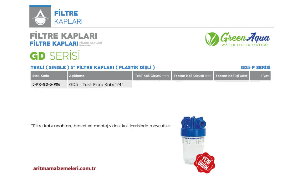 5'' Tekli Green Aqua GD Serisi Plastik Dişli Filtre Kabı 1/4''