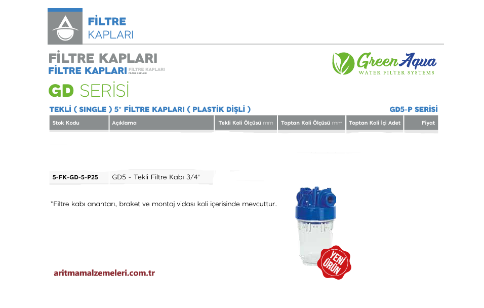 5'' Tekli Green Aqua GD Serisi Plastik Dişli Filtre Kabı 3/4'' (25mm.)