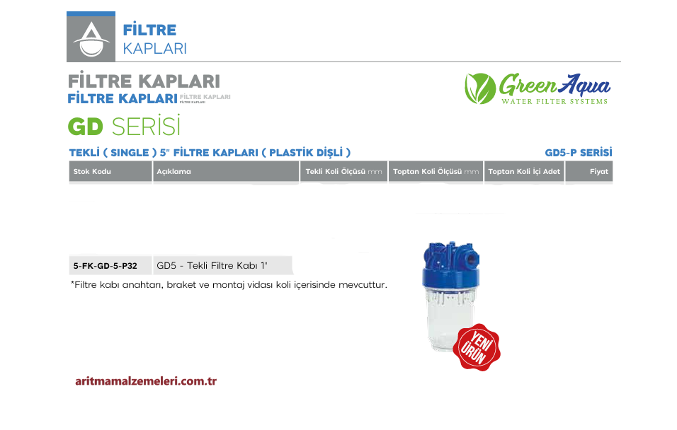 5'' Tekli Green Aqua GD Serisi Plastik Dişli Filtre Kabı 1'' (32mm.)