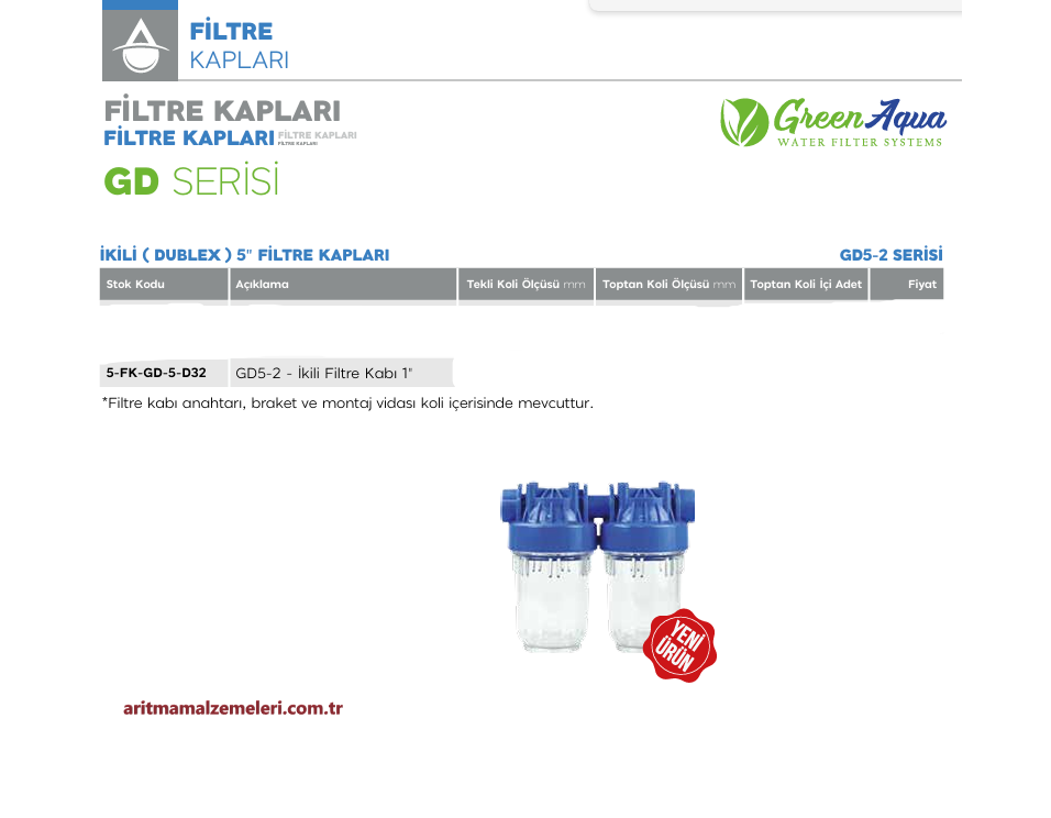 5'' İkili (Dublex) Green Aqua GD Serisi Filtre Kabı 1'' (32mm.)