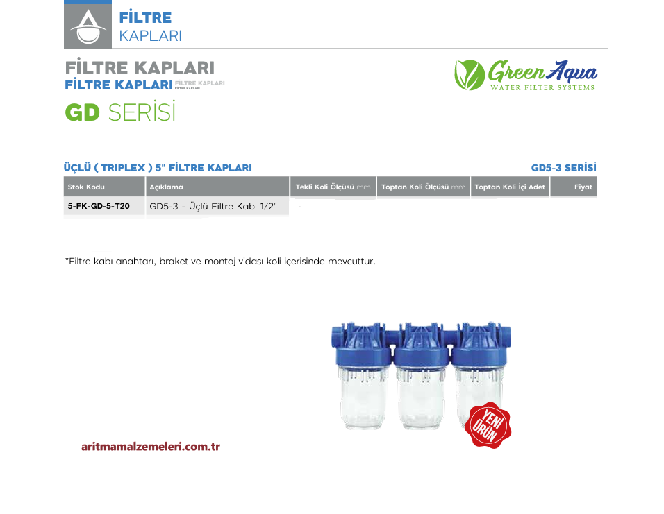 5'' Üçlü (Triplex) Green Aqua GD Serisi Filtre Kabı 1/2'' (20mm.)