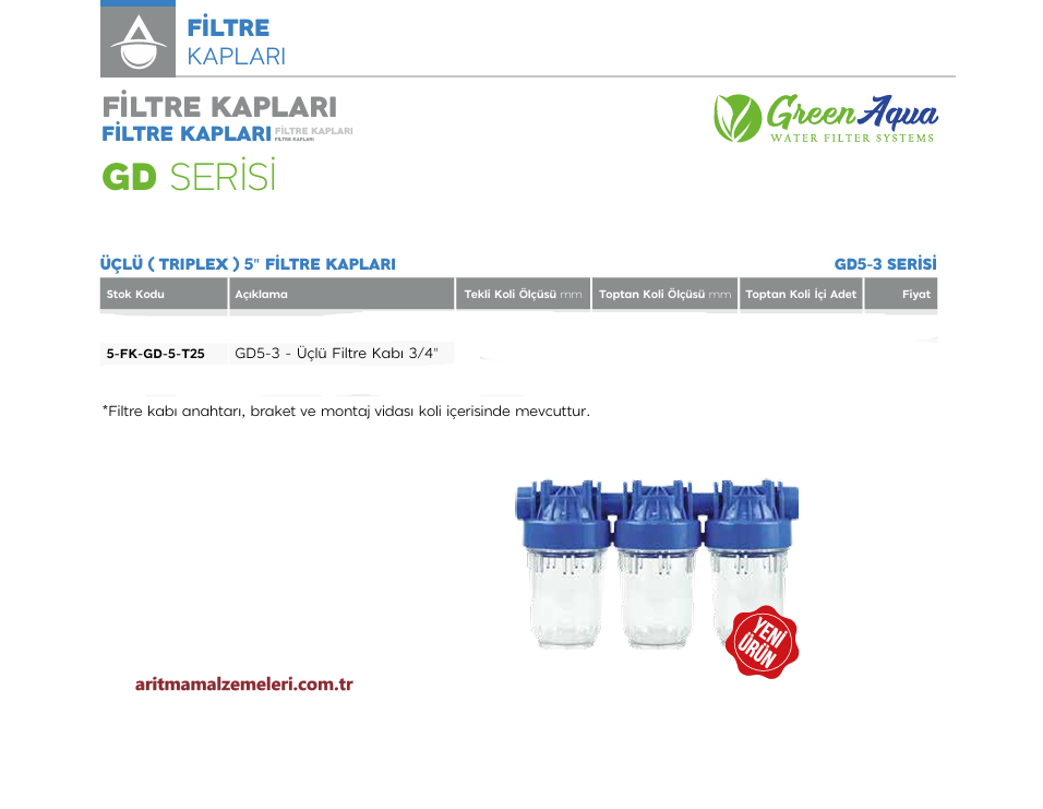5'' Üçlü (Triplex) Green Aqua GD Serisi Filtre Kabı 3/4'' (25mm.)