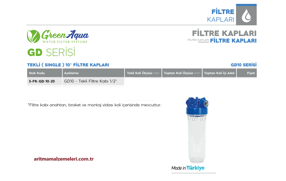 10'' Tekli Green Aqua GD Serisi Filtre Kabı 1/2'' (20mm.)