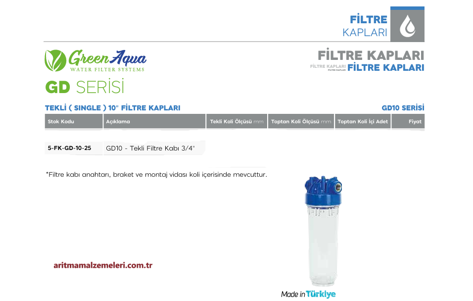 10'' Tekli Green Aqua GD Serisi Filtre Kabı 3/4'' (25mm.)