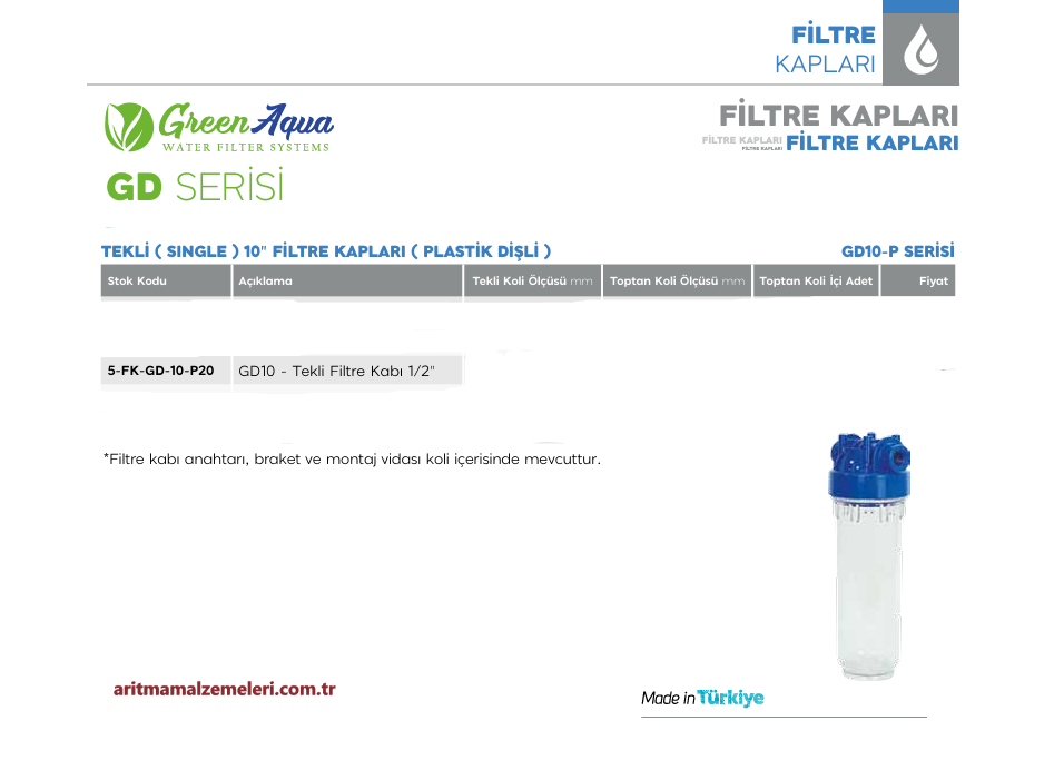 10'' Tekli Green Aqua GD Serisi Plastik Dişli Filtre Kabı 1/2'' (20mm.)