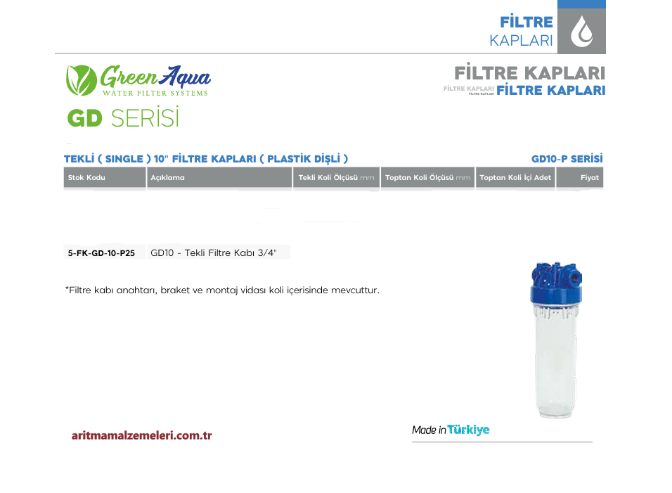 10'' Tekli Green Aqua GD Serisi Plastik Dişli Filtre Kabı 3/4'' (25mm.)