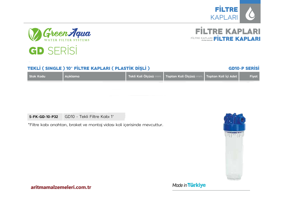 10'' Tekli Green Aqua GD Serisi Plastik Dişli Filtre Kabı 1'' (32mm.)