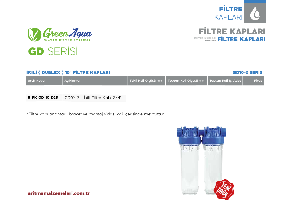 10'' İkili (Dublex) Green Aqua GD Serisi Filtre Kabı 3/4'' (25mm.)