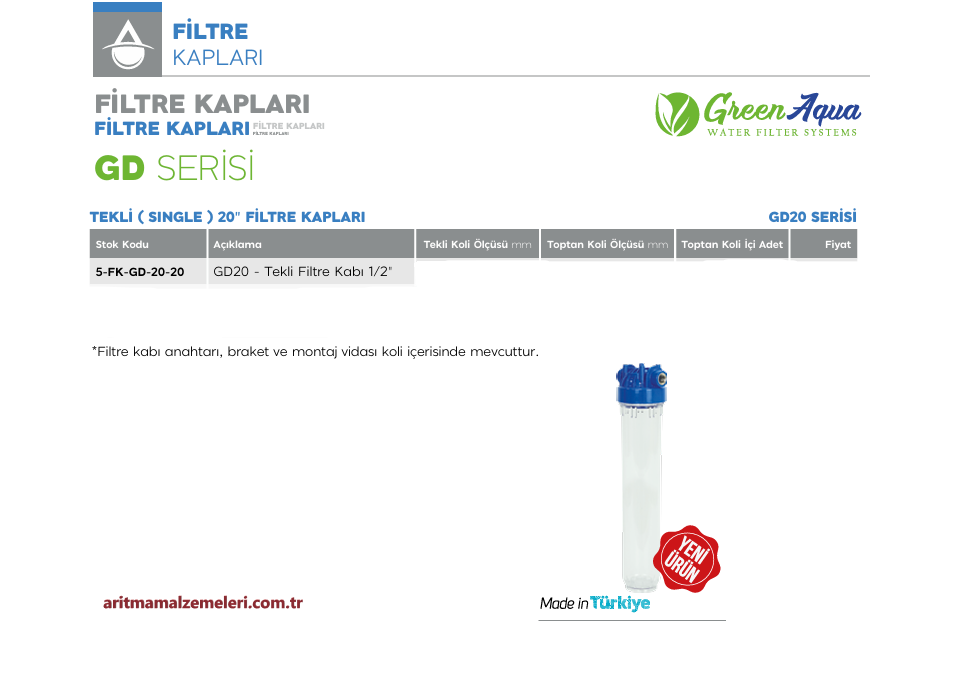 20'' Tekli Green Aqua GD Serisi Filtre Kabı 1/2'' (20mm.)