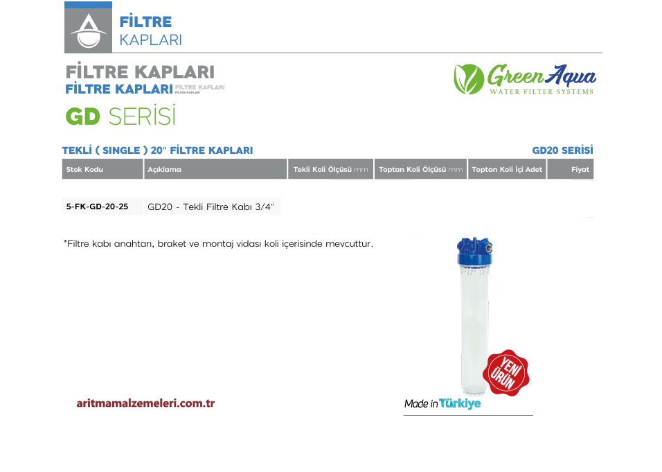 20'' Tekli Green Aqua GD Serisi Filtre Kabı 3/4'' (25mm.)
