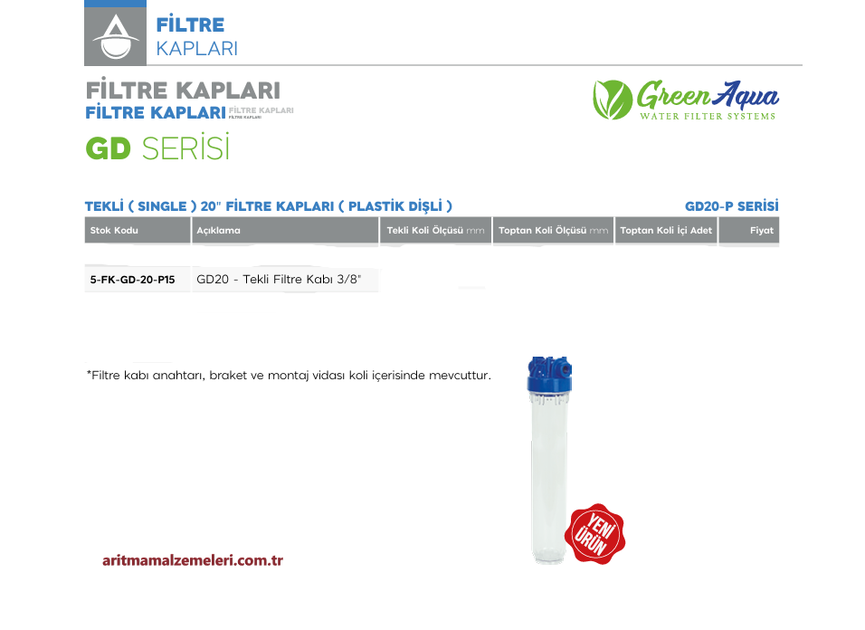 20'' Tekli Plastik Dişli Green Aqua GD Serisi Filtre Kabı 3/8''