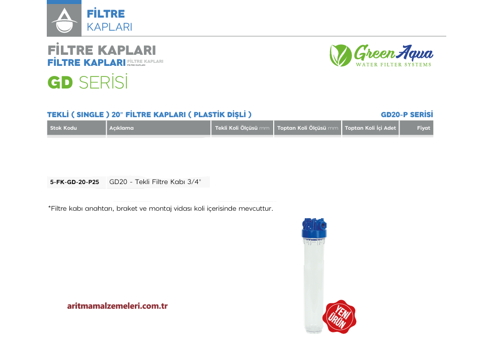 20'' Tekli Plastik Dişli Green Aqua GD Serisi Filtre Kabı 3/4'' (25mm.)