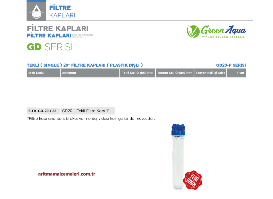 20'' Tekli Plastik Dişli Green Aqua GD Serisi Filtre Kabı 1'' (32mm.)