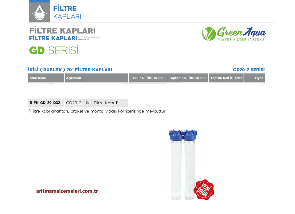 20'' İkili (Dublex) Green Aqua GD Serisi Filtre Kabı 1'' (32mm.)