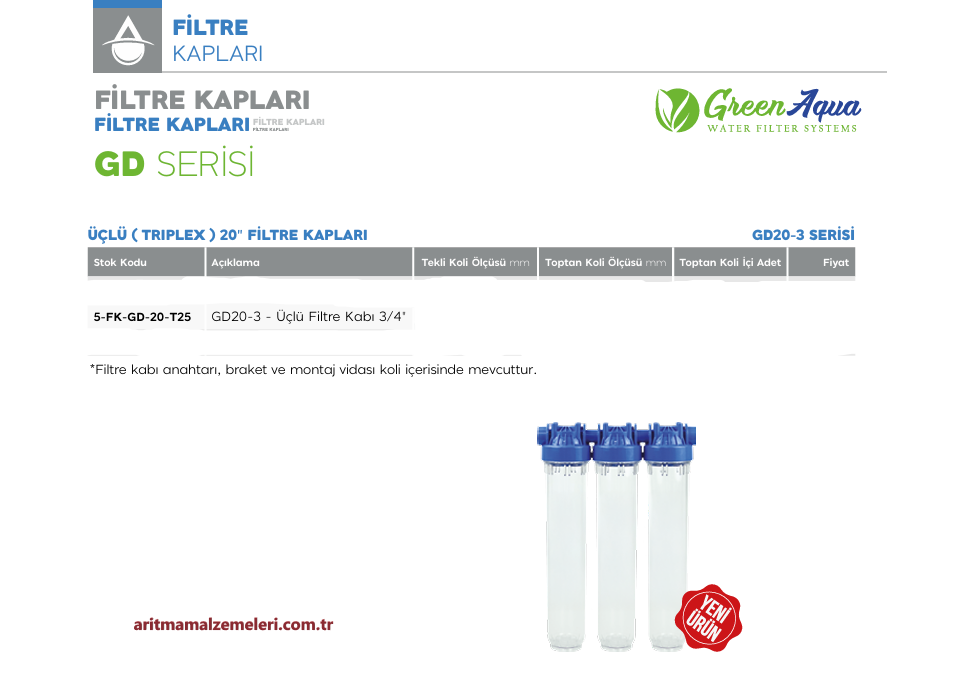 20'' Üçlü (Triplex) Green Aqua GD Serisi Filtre Kabı 3/4'' (25mm.)