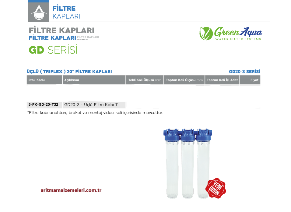 20'' Üçlü (Triplex) Green Aqua GD Serisi Filtre Kabı 1'' (32mm.)